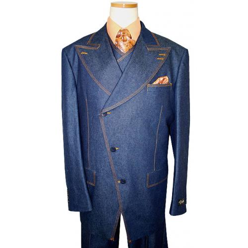 Il Canto Blue With Triple Cognac Hand-Pick Stitching Vested 100% Cotton Denim Suit 8303